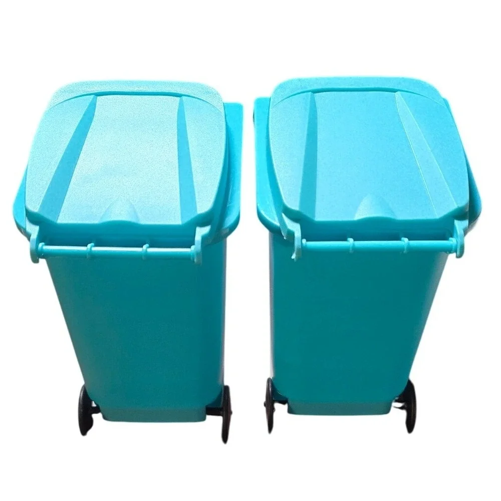 Set of 2 teal blue Mini Trash Can Recycling Bin plastic pencil holder wheels 5.5
